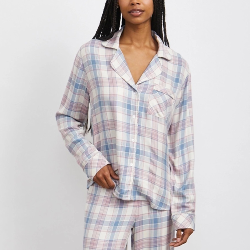 Rails Clara Pajama Shirt Collared Ivory Lilac River Plaid Print Size L Women’s
